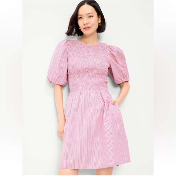 Old Navy Dresses & Skirts - Pink Stripe Smocked Puff Sleeve Fit & Flare Mini Dress NWT L Coquette Barbiecore